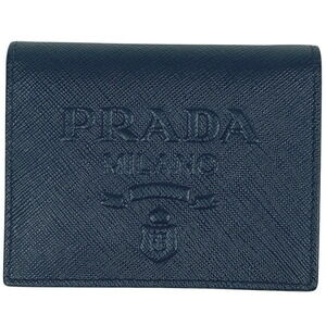 Prada logo bi fold wallet compartment Navy Blue Saffiano leather